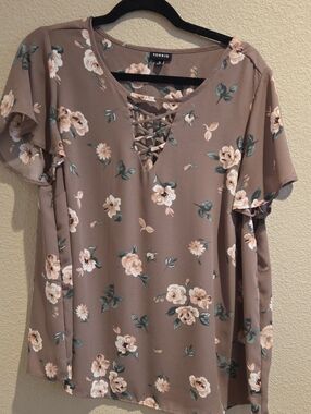torrid taupe floral lace-up V-neck blouse